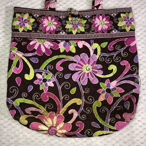 Vera Bradley tote, 12x14x3.5, brown, pink, green and purple.